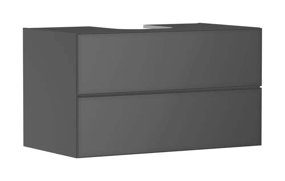 Waschtischunterschrank in schiefergrau Matt mit zwei Schubkästen. Simplistisches Design, geeignet für Aufsatzwaschtische, von der Marke Hansgrohe.